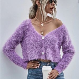 Fuzzy purple cardigan cropped